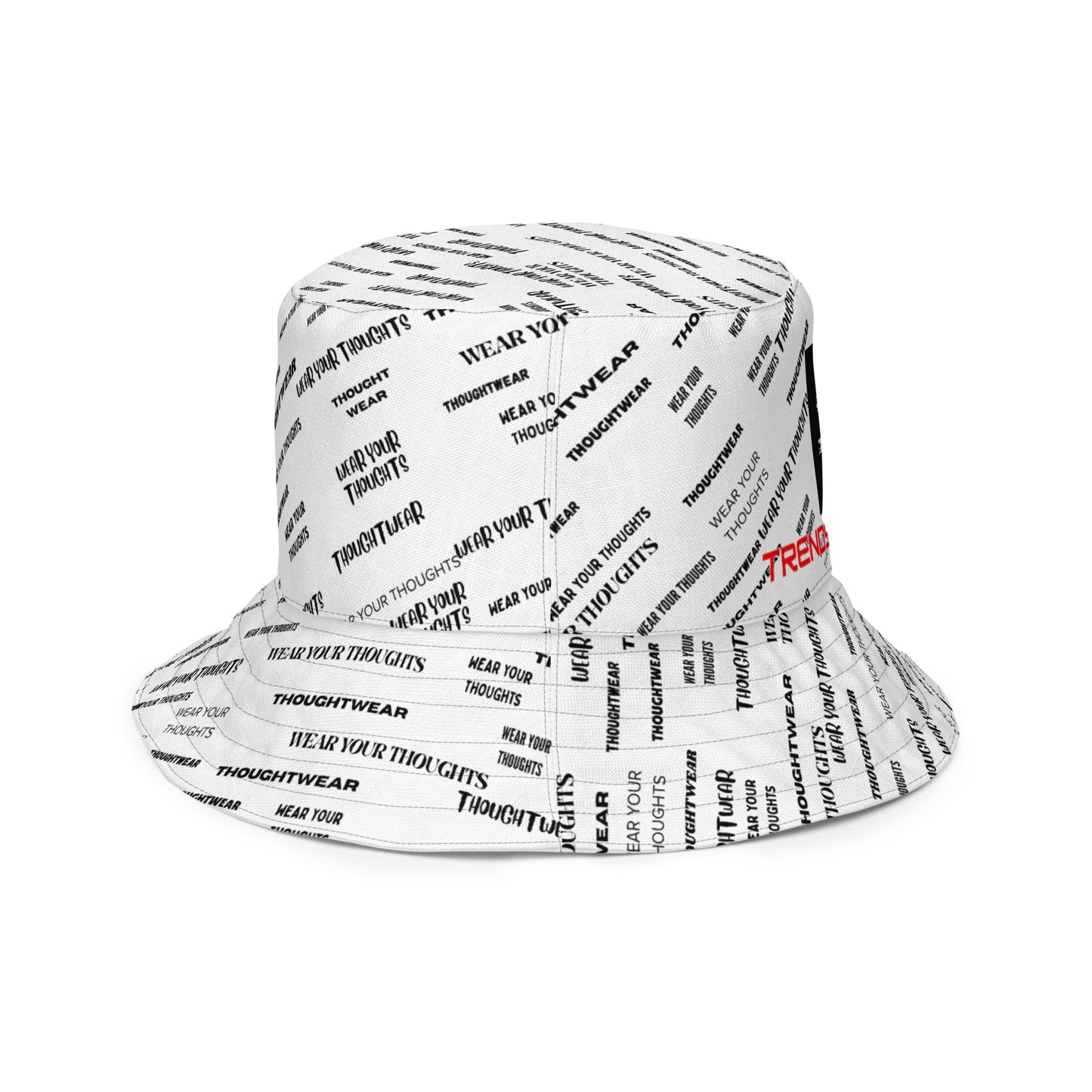 Reversible black and white bucket hat with Trendy Nonsense design — minimalist streetwear symbol of awareness, adaptability, and intent.