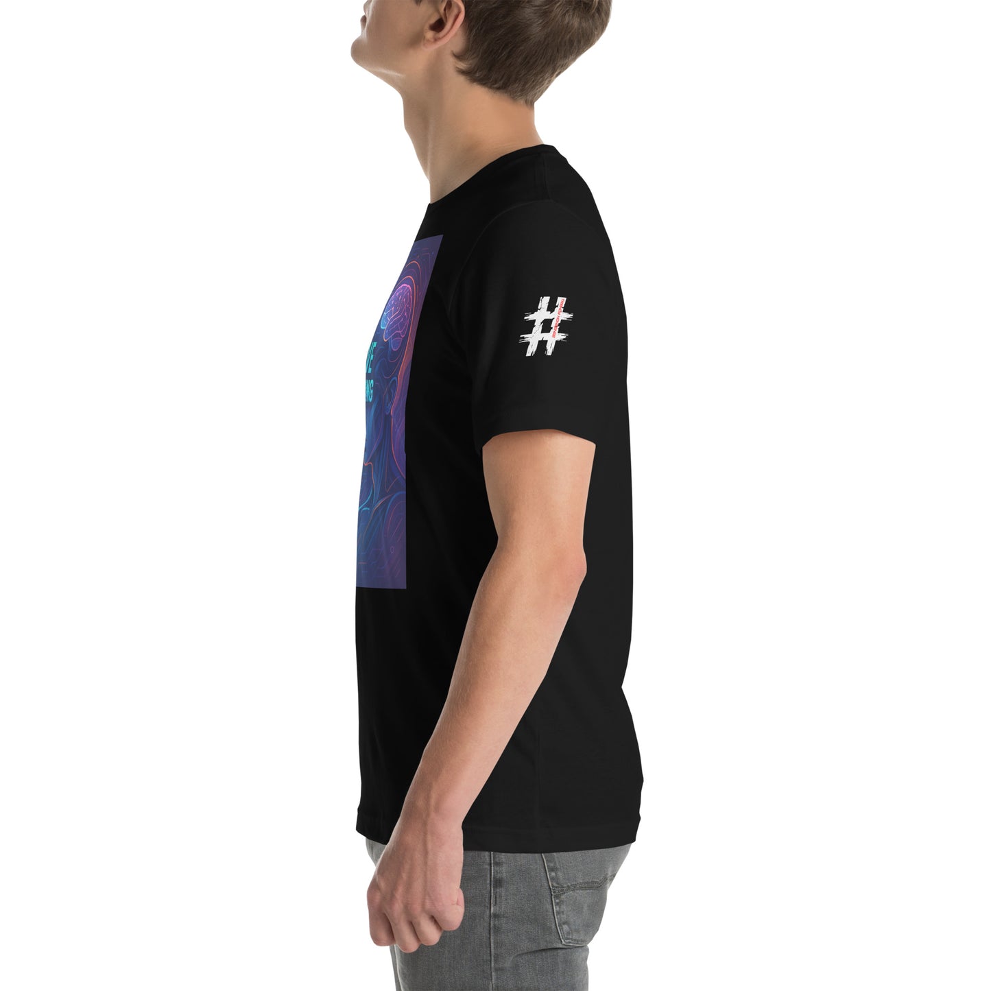A man wearing a black Unisex ‘Don’t Believe Everything You Think’ graphic tee — minimalist design reminding wearers that not every thought deserves belief or attention.