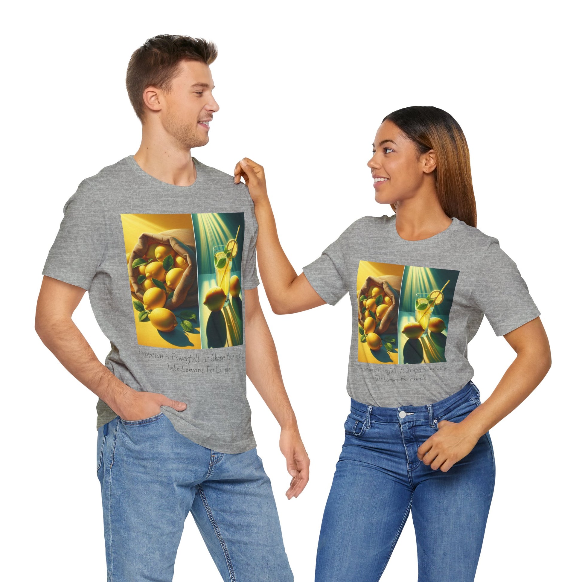 Couple wearing a gray Unisex Lemon Perceptions graphic tee — bold text design about perspective and turning sour into sweet.