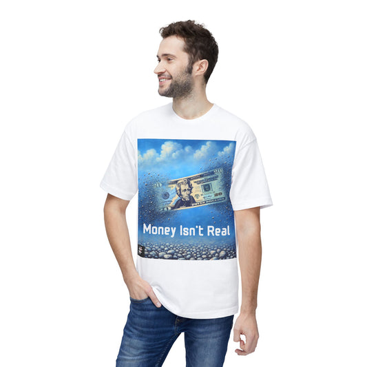 A man wearing a white Unisex ‘Money Isn’t Real’ graphic tee — $20 bill dissolving into pebbles, symbolic design questioning the illusion of money and the real value of time.