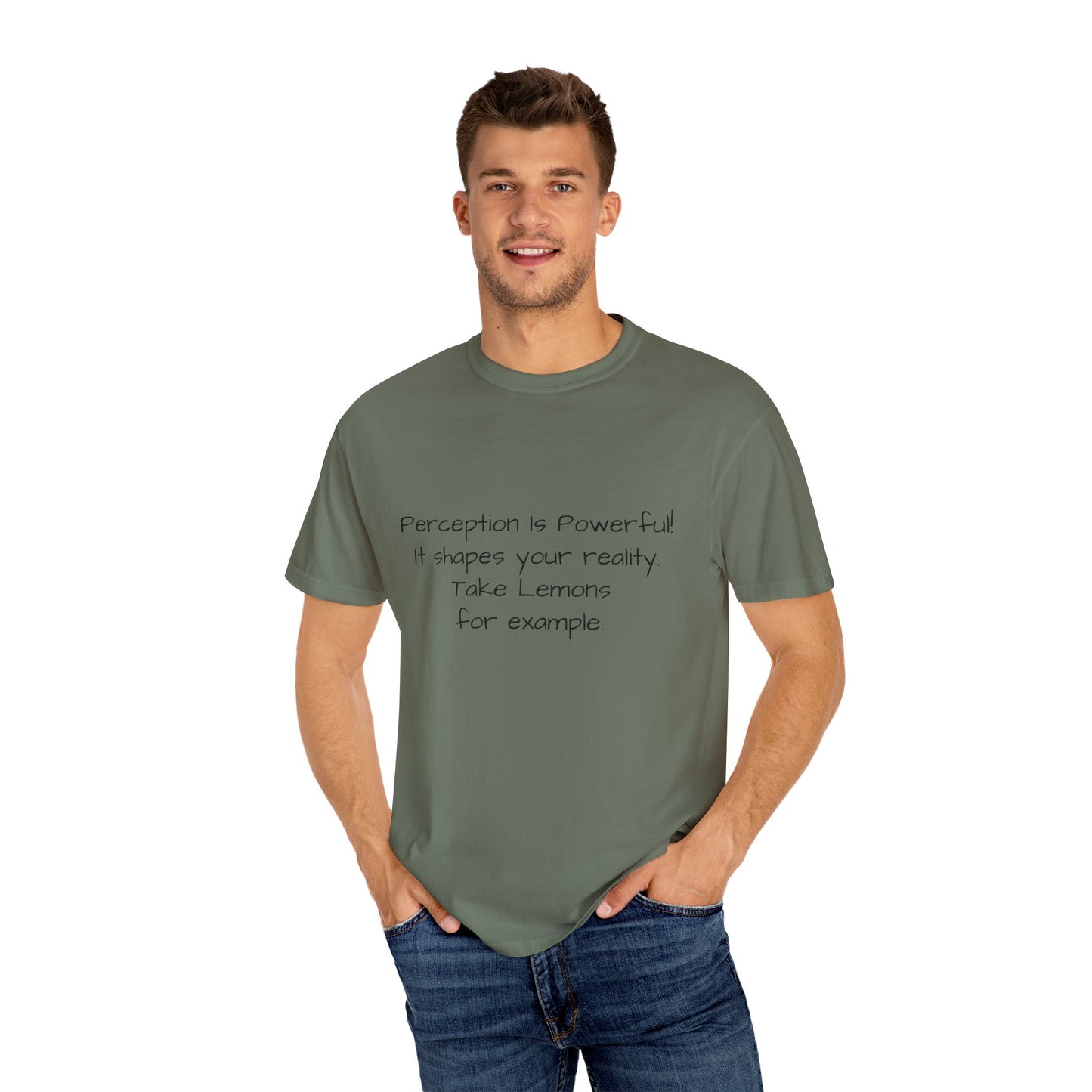 Man wearing green Unisex Lemon Dilemma graphic tee — bold thoughtwear design challenging clichés about lemons and perspective