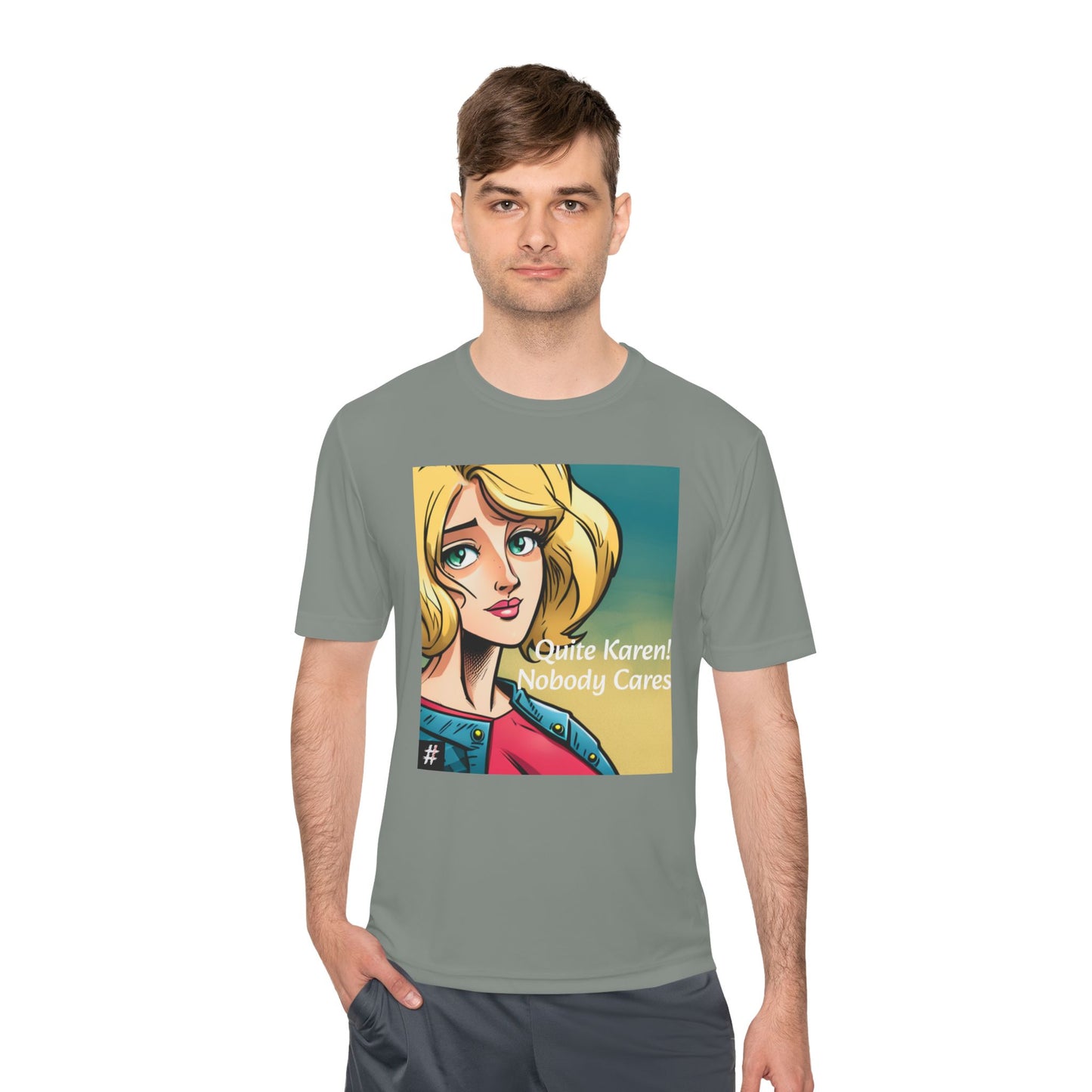 A man wearing a sea moss green Unisex Nobody Cares, Karen graphic tee — bold statement shirt mocking intrusive moral superiority.