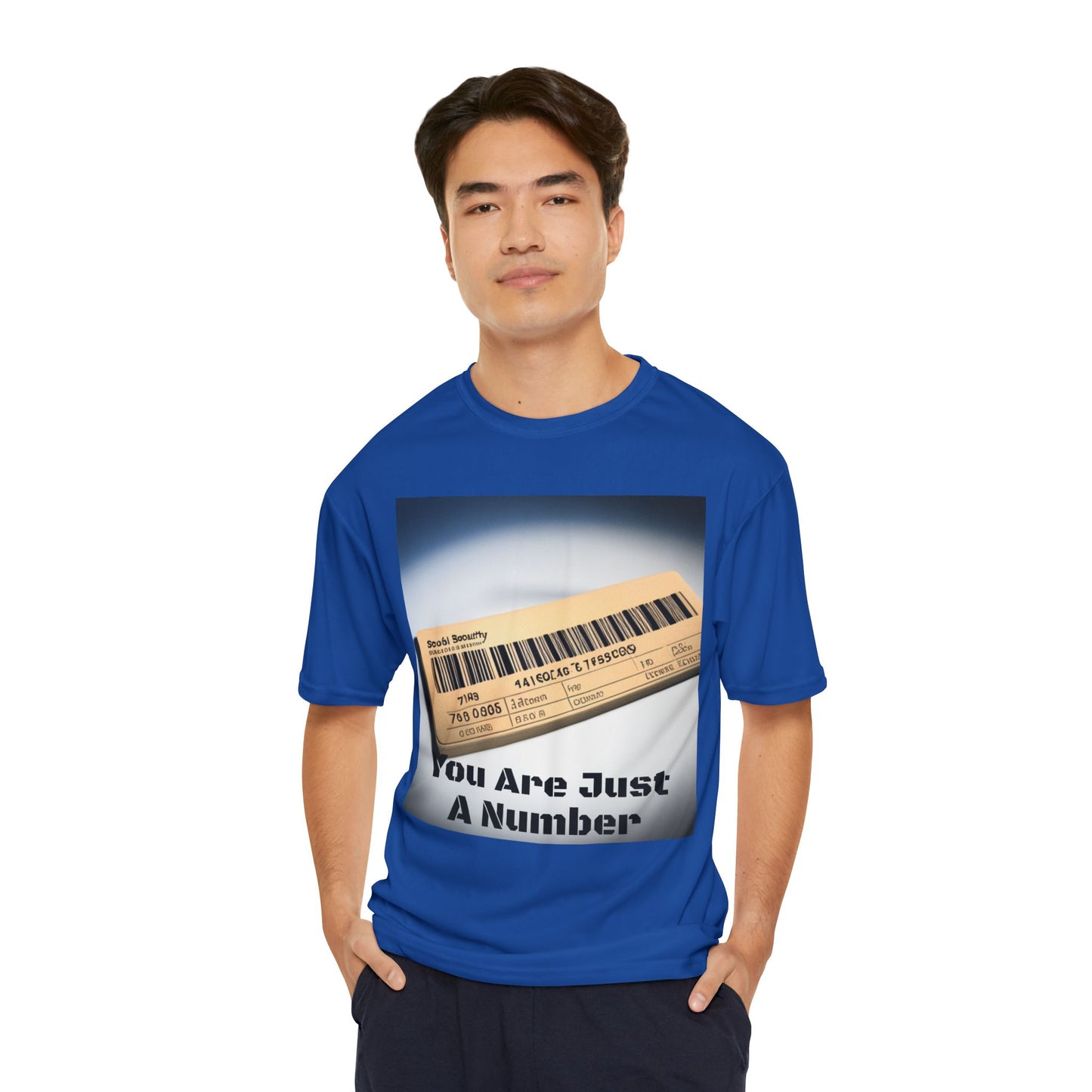 A person Wearing a Blue Performance tee with “Just a Number” design — a bold statement on independence, accountability, and rejecting the system’s labels.