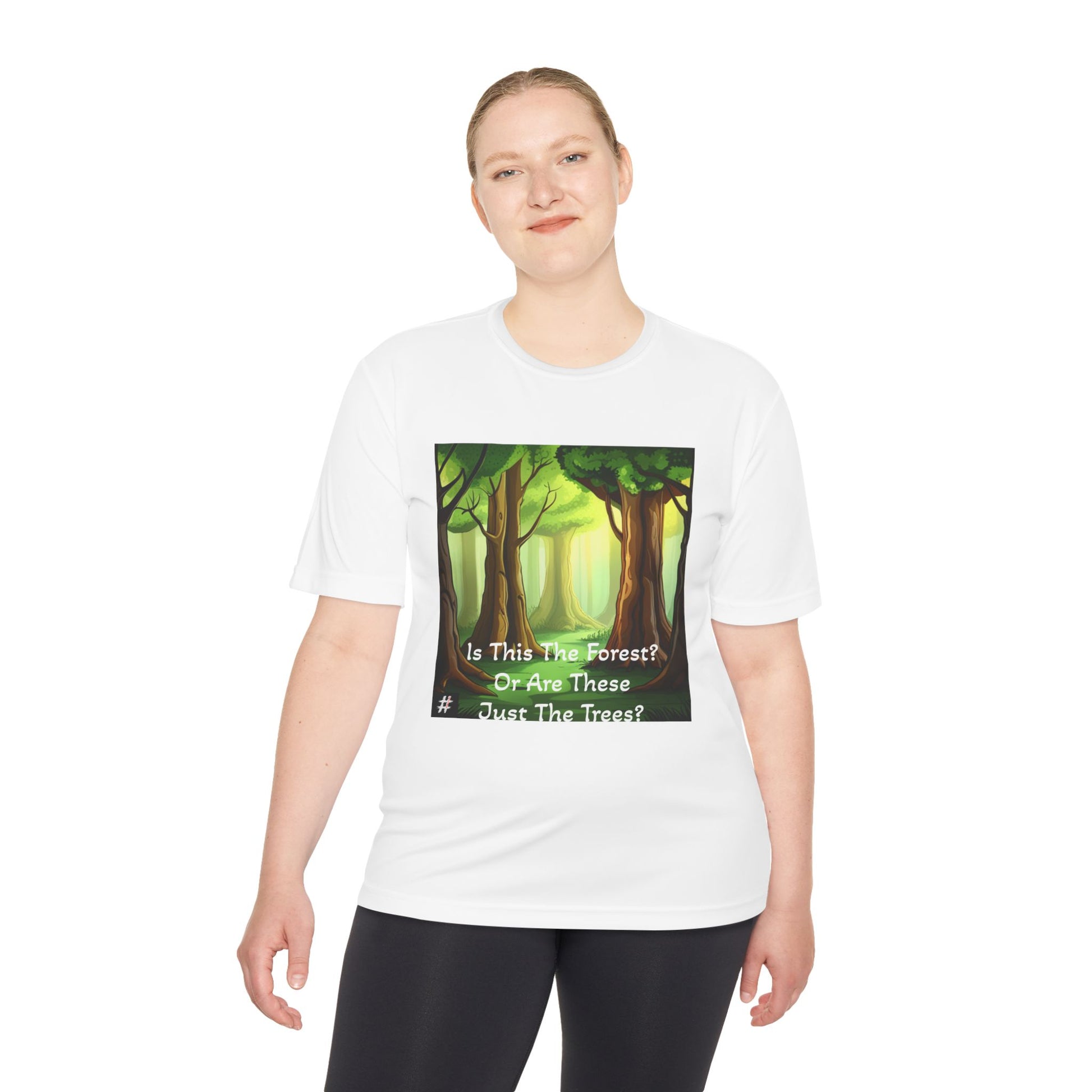 Woman wearing a Unisex tee with Can’t See the Forest Dilemma graphic, symbolic design about focus and perspective.
