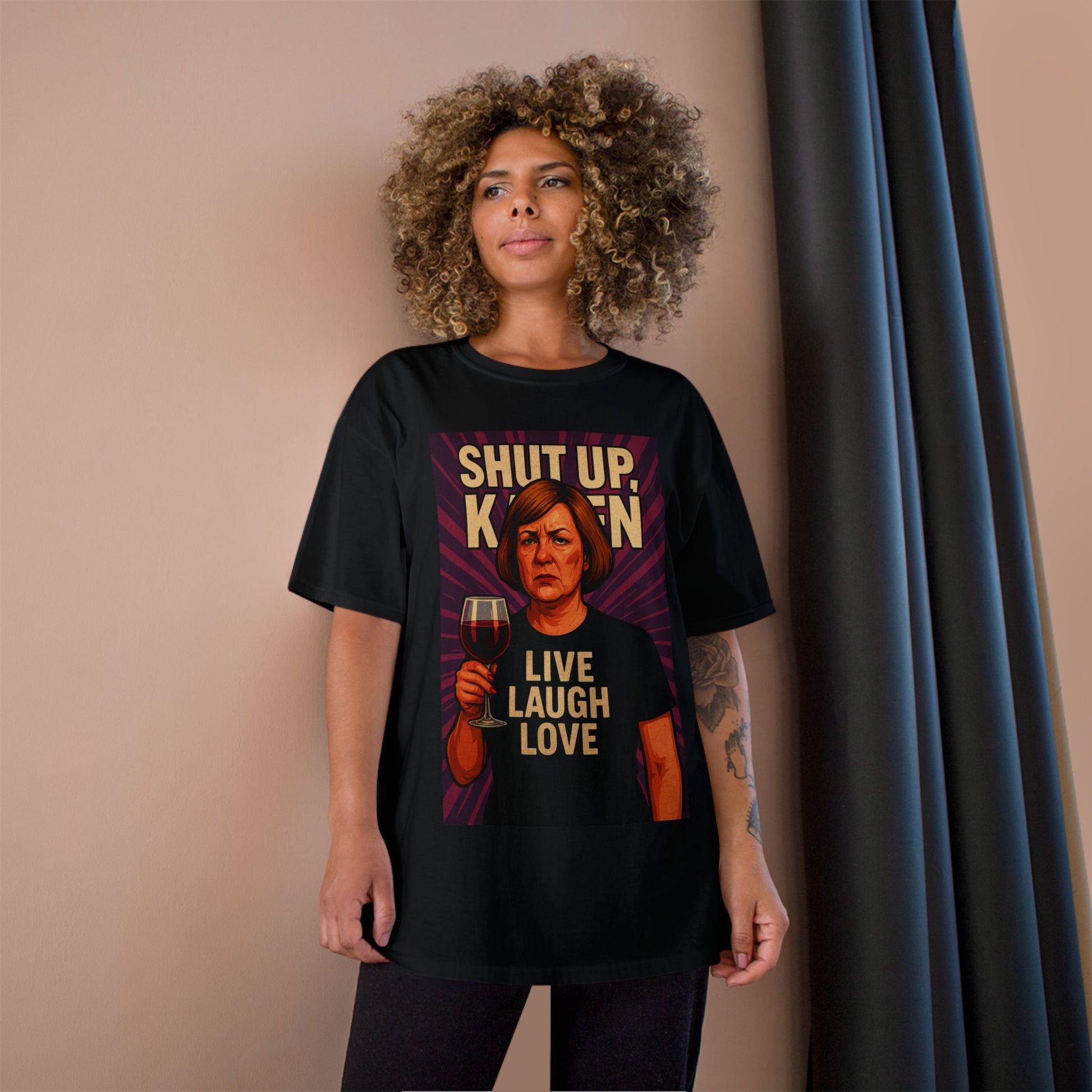 Woman wearing a black Satirical “Karen” tee — polished character design symbolizing moral superiority and nuisance.