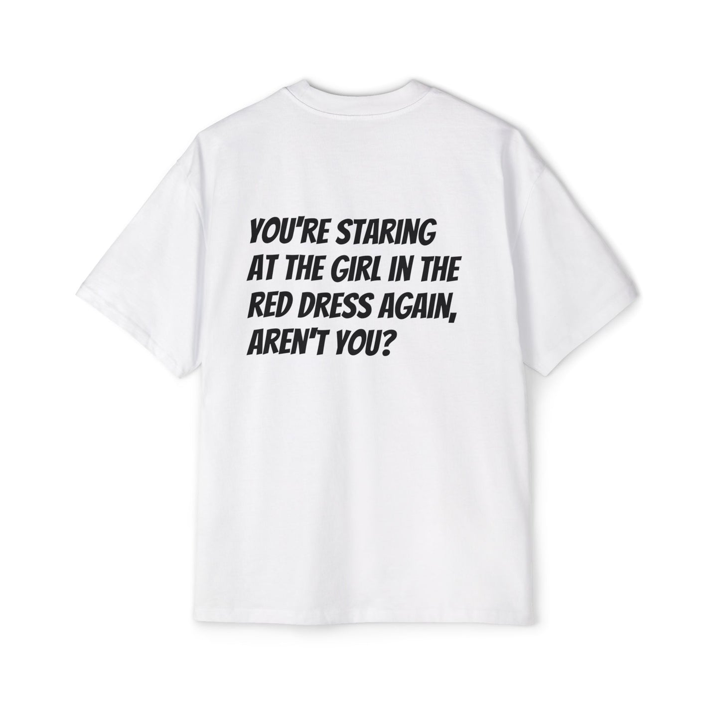 Back side of Unisex Red Dress graphic tee — symbolic design about distraction, perception, and the cost of lost focus.