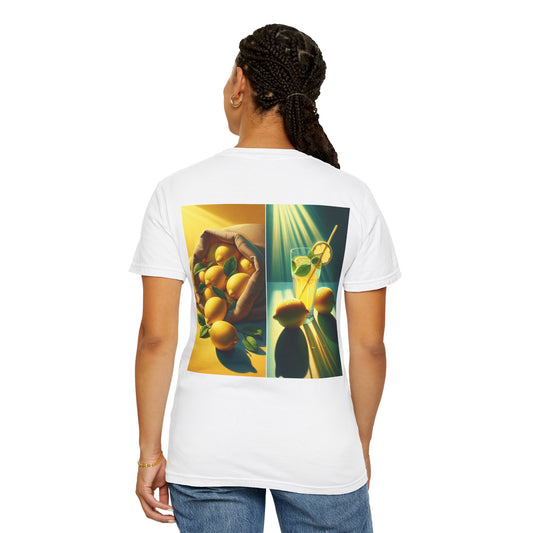 Woman wearing white Unisex Lemon Dilemma graphic tee — bold thoughtwear design challenging clichés about lemons and perspective