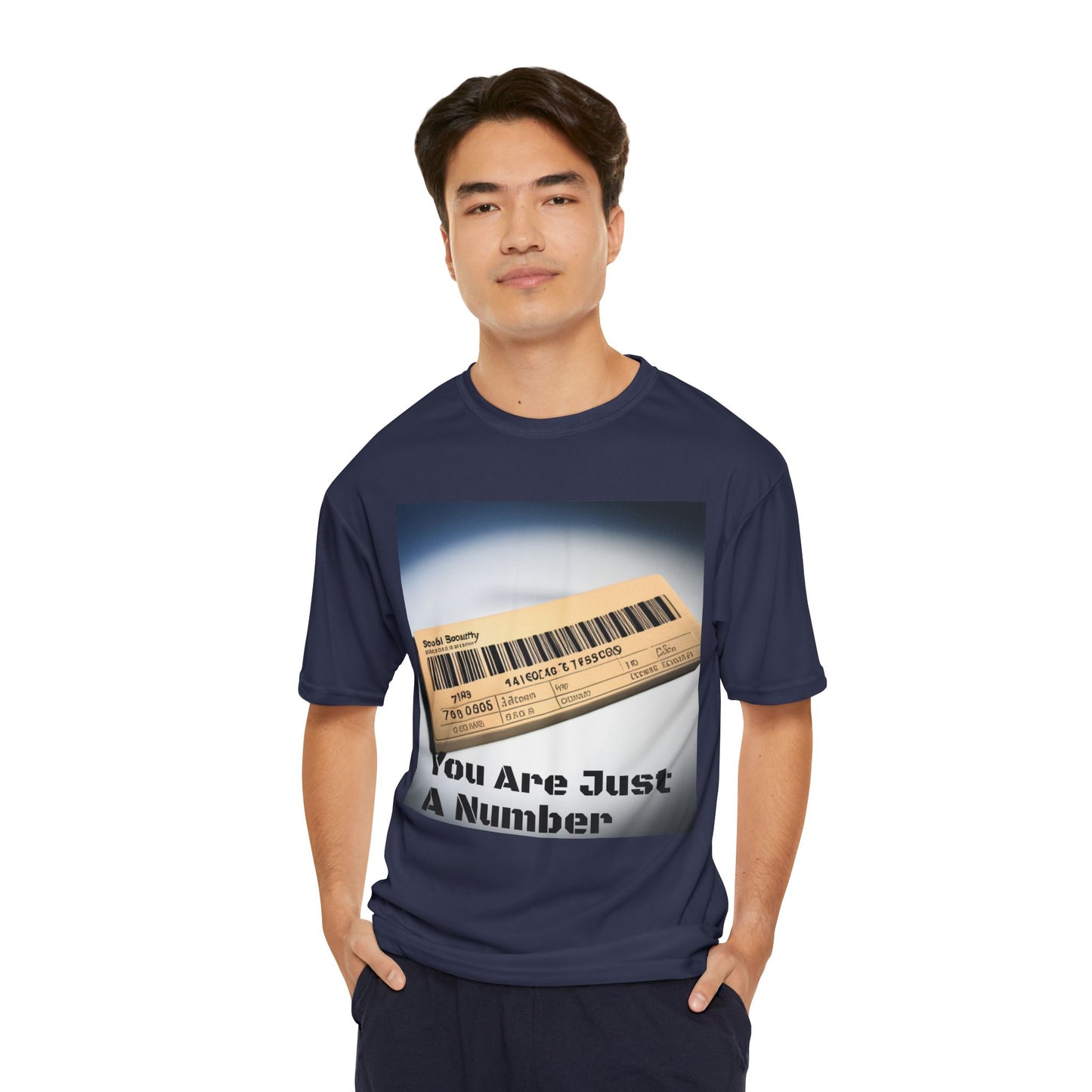 A Person wearing a Navy Blue Performance tee with “Just a Number” design — a bold statement on independence, accountability, and rejecting the system’s labels.
