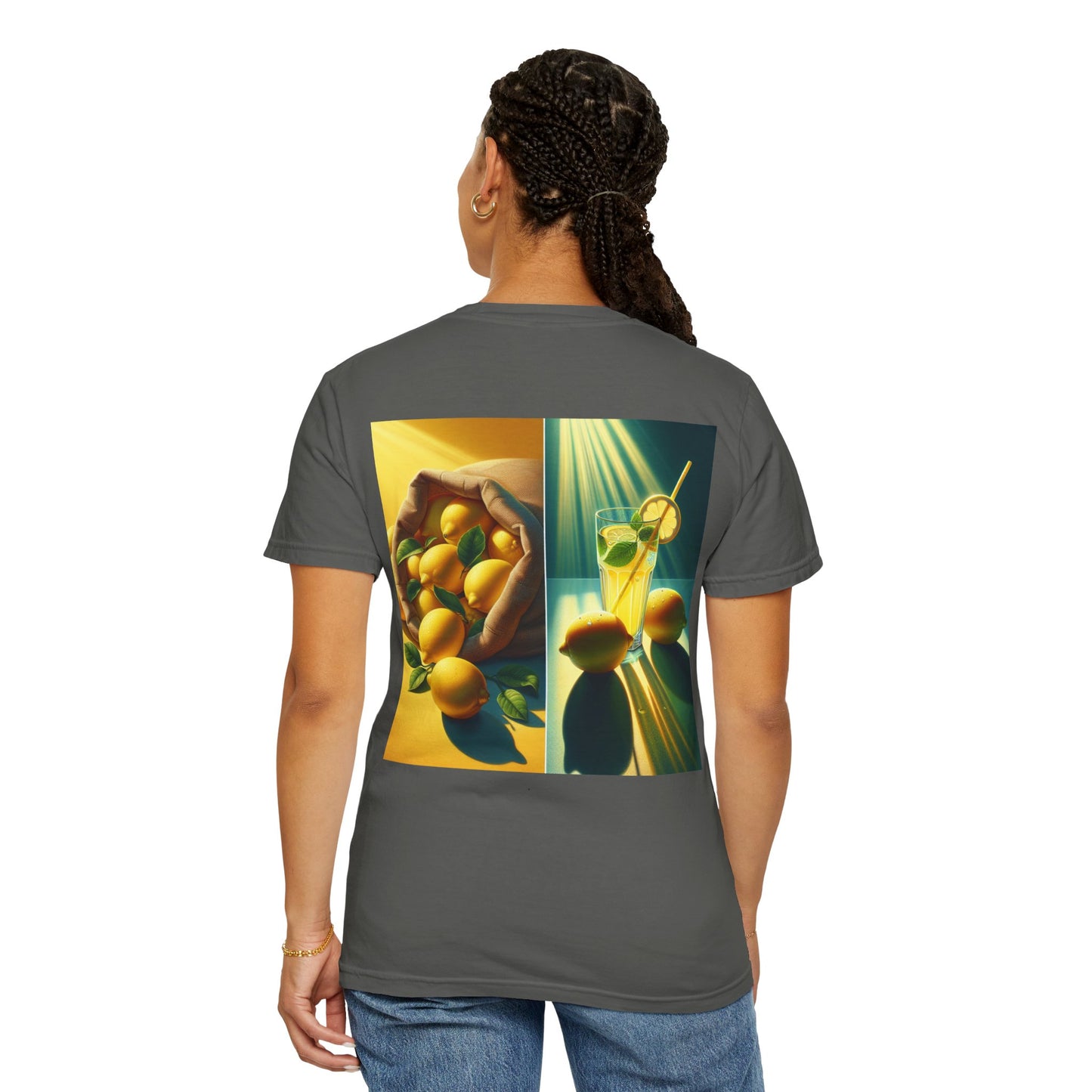 Woman wearing charcoal Unisex Lemon Dilemma graphic tee — bold thoughtwear design challenging clichés about lemons and perspective