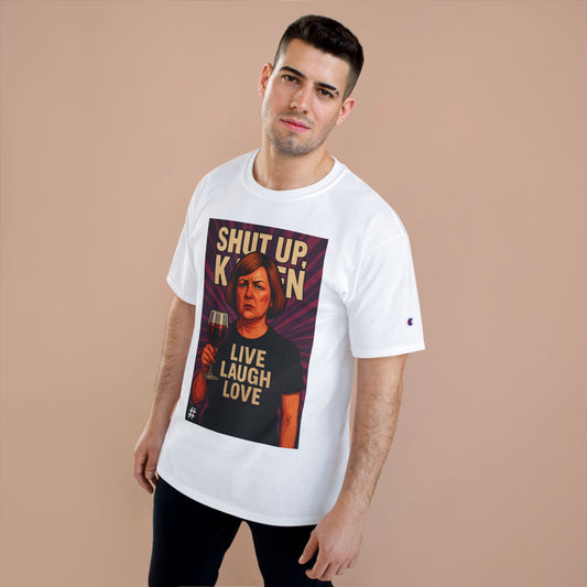 Man wearing a White Satirical “Karen” tee — polished character design symbolizing moral superiority and nuisance.