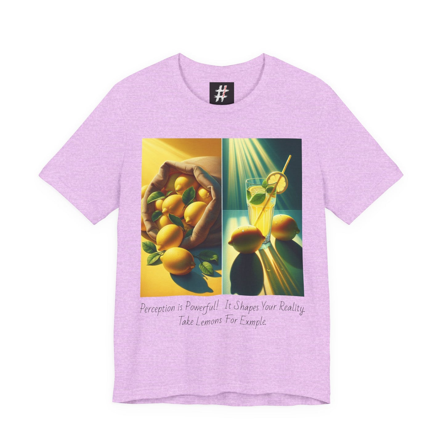 Lavender Unisex Lemon Perceptions graphic tee — bold text design about perspective and turning sour into sweet.