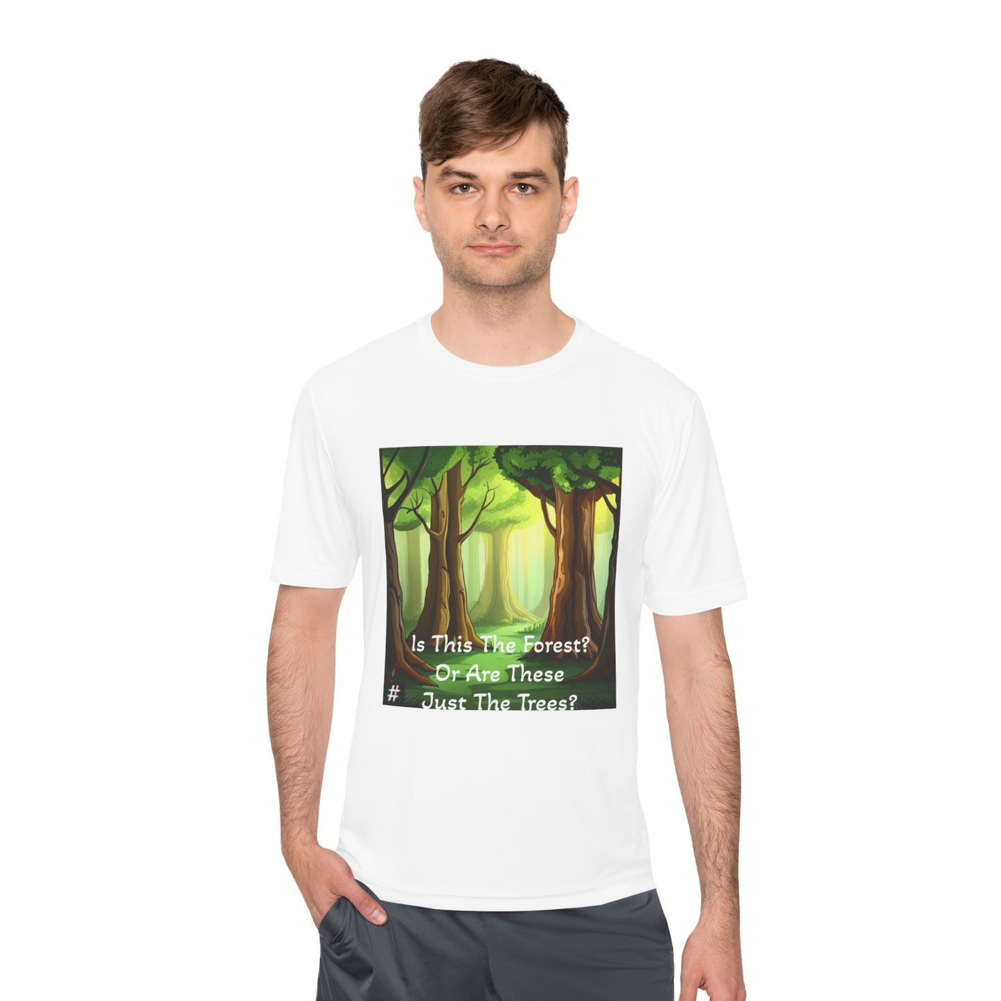 Man wearing a Unisex tee with Can’t See the Forest Dilemma graphic, symbolic design about focus and perspective.