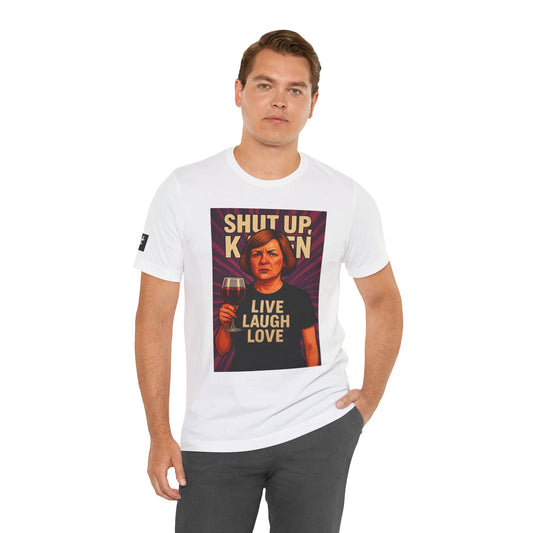 A man wearing a white Satirical “Karen” tee — polished character design symbolizing moral superiority and nuisance