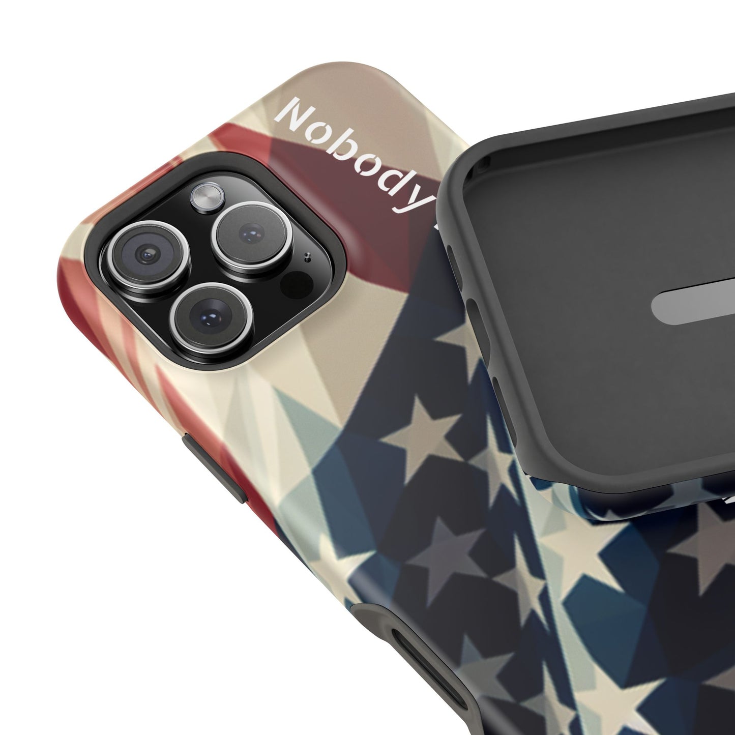 Tough glossy phone case with bold “Nobody Is Coming to Save You” over laying an American flag design.