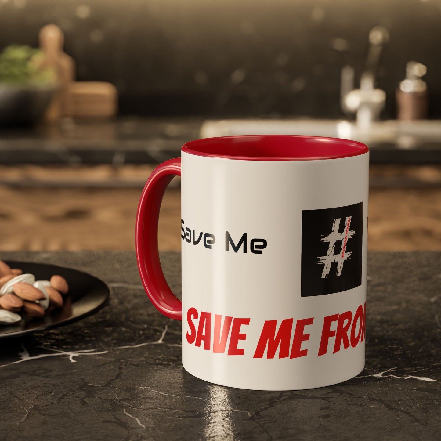 Ceramic mug with ‘Save Me From Myself’ graphic — subliminal reminder to never forget the battle starts from within, one sip at a time.