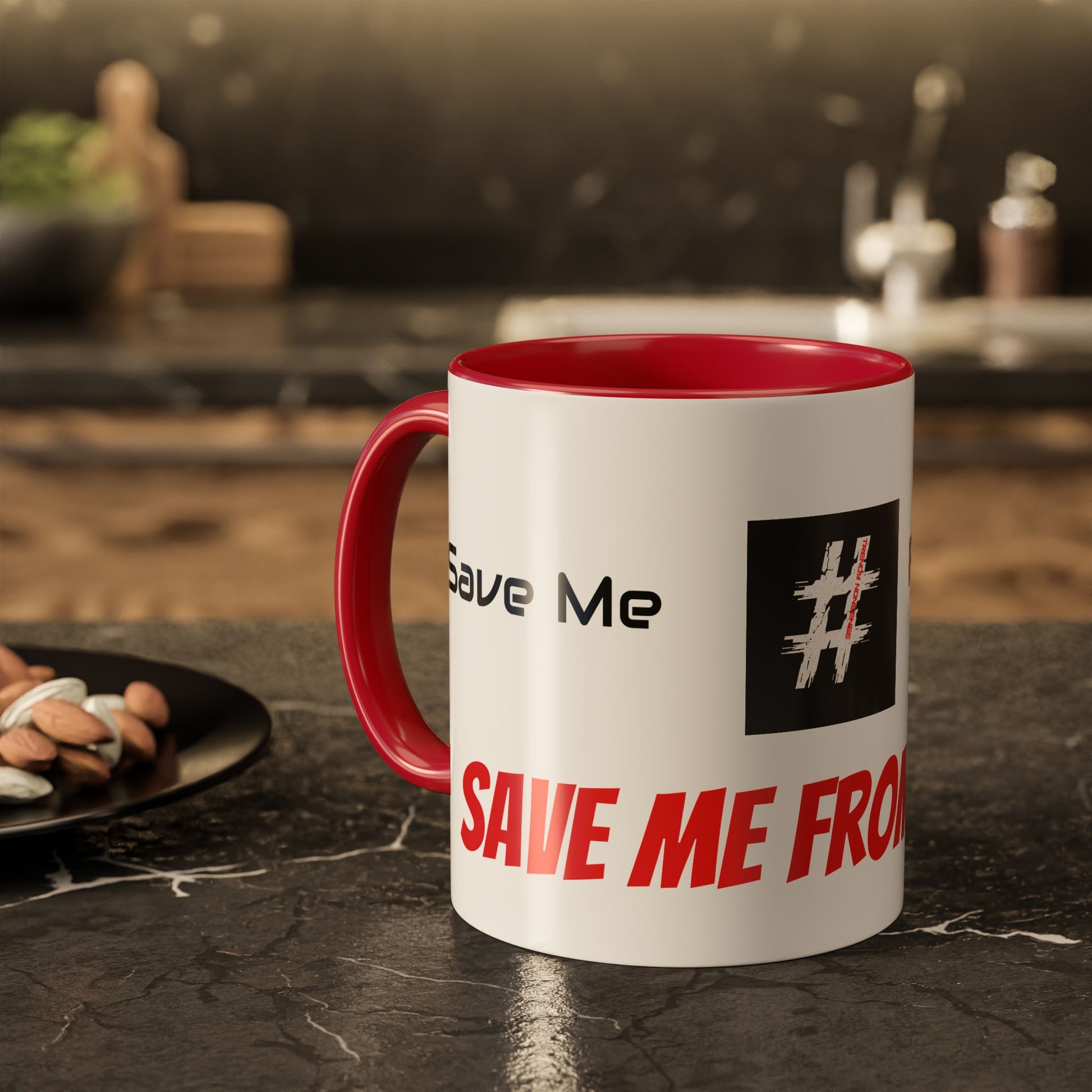 Ceramic mug with ‘Save Me From Myself’ graphic — subliminal reminder to never forget the battle starts from within, one sip at a time.