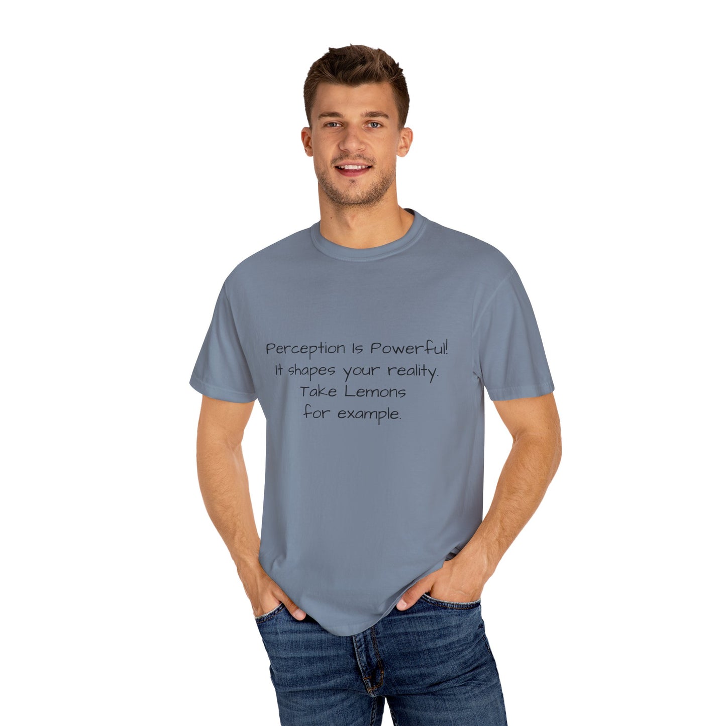Man wearing bluish-gray Unisex Lemon Dilemma graphic tee — bold thoughtwear design challenging clichés about lemons and perspective