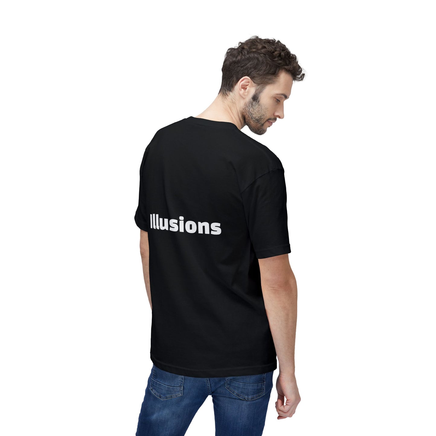 A man wearing a black Unisex ‘Money Isn’t Real’ graphic tee — $20 bill dissolving into pebbles, symbolic design questioning the illusion of money and the real value of time.