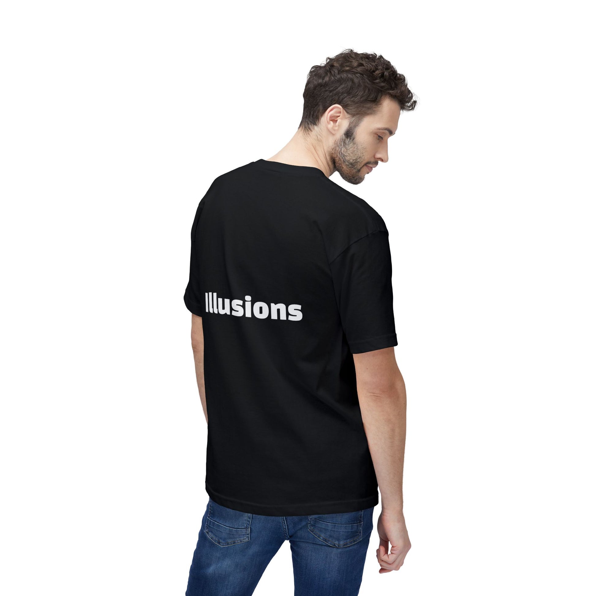 A man wearing a black Unisex ‘Money Isn’t Real’ graphic tee — $20 bill dissolving into pebbles, symbolic design questioning the illusion of money and the real value of time.