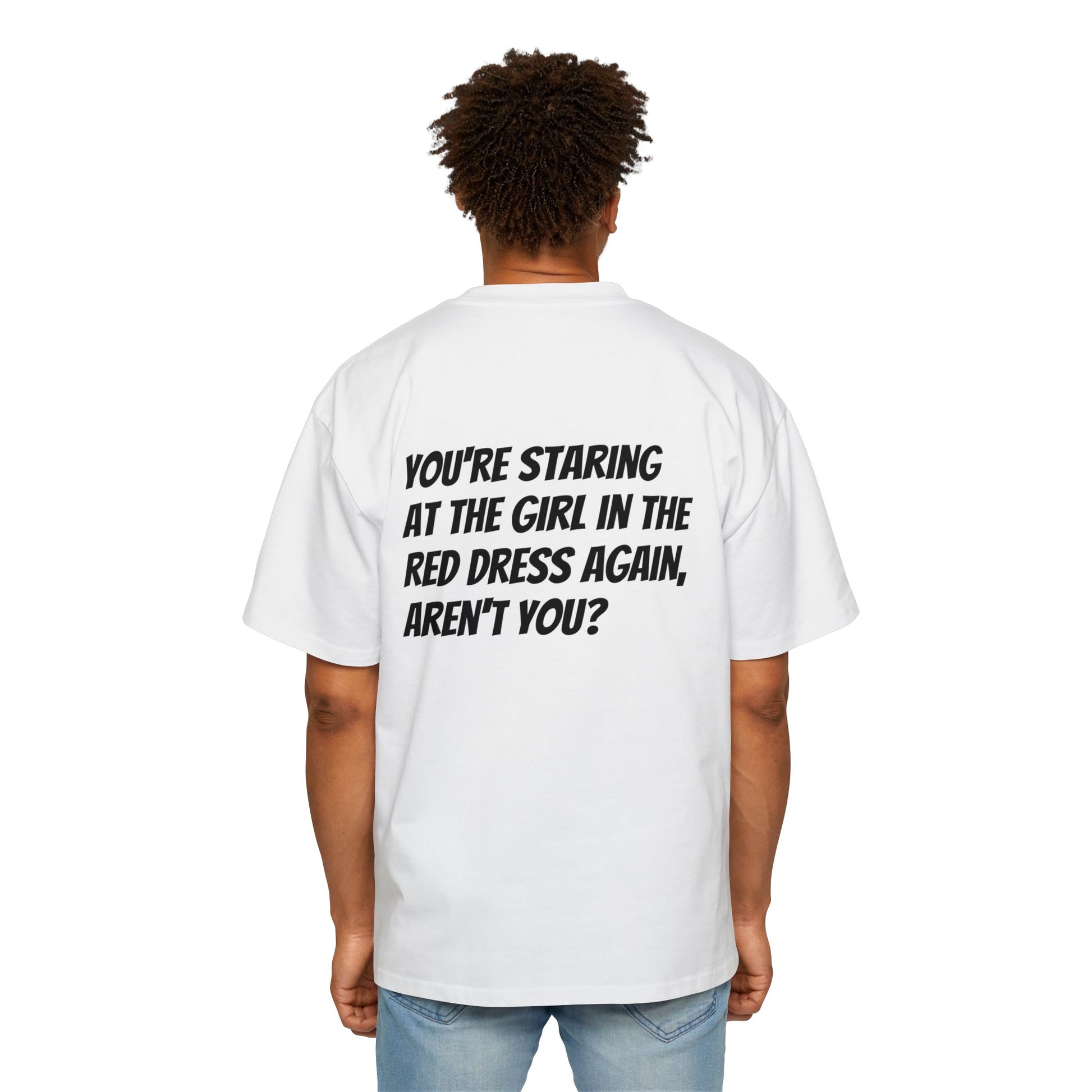 Man wearingUnisex Red Dress graphic tee — symbolic design about distraction, perception, and the cost of lost focus.