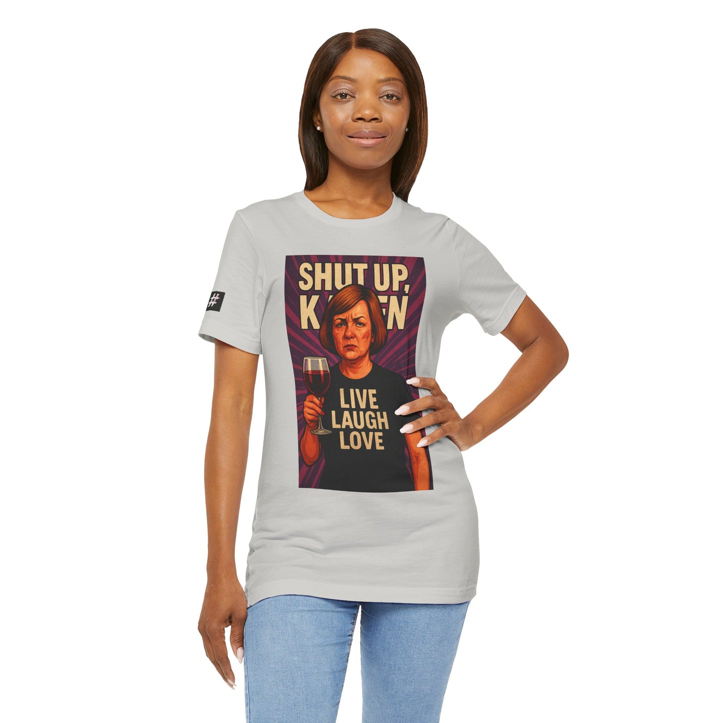 A woman wearing a gray Satirical “Karen” tee — polished character design symbolizing moral superiority and nuisance