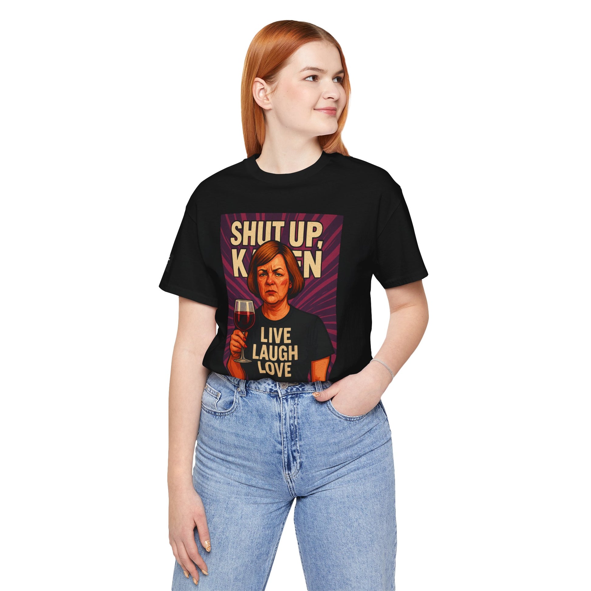 A woman wearing a black Satirical “Karen” tee — polished character design symbolizing moral superiority and nuisance