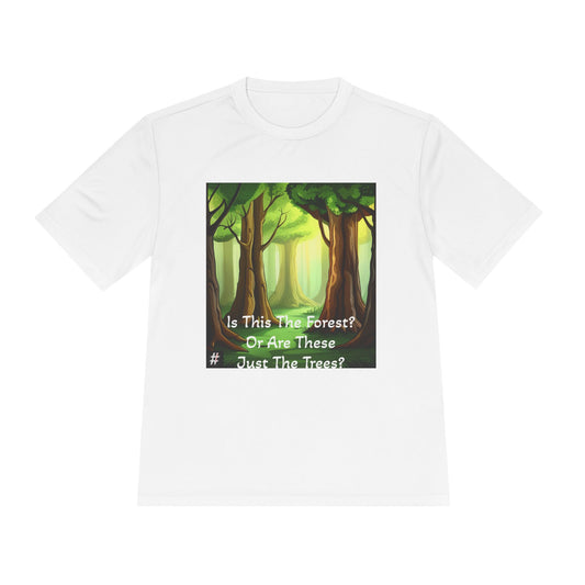 White Unisex tee with Can’t See the Forest Dilemma graphic, symbolic design about focus and perspective.