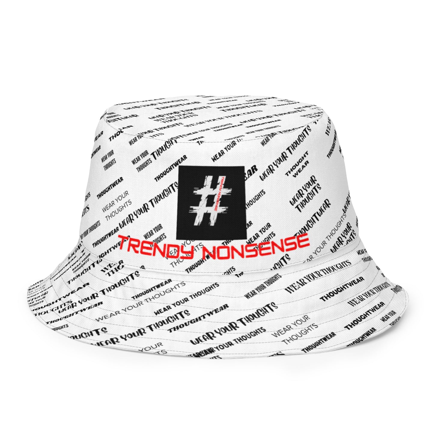 Reversible black and white bucket hat with Trendy Nonsense design — minimalist streetwear symbol of awareness, adaptability, and intent.