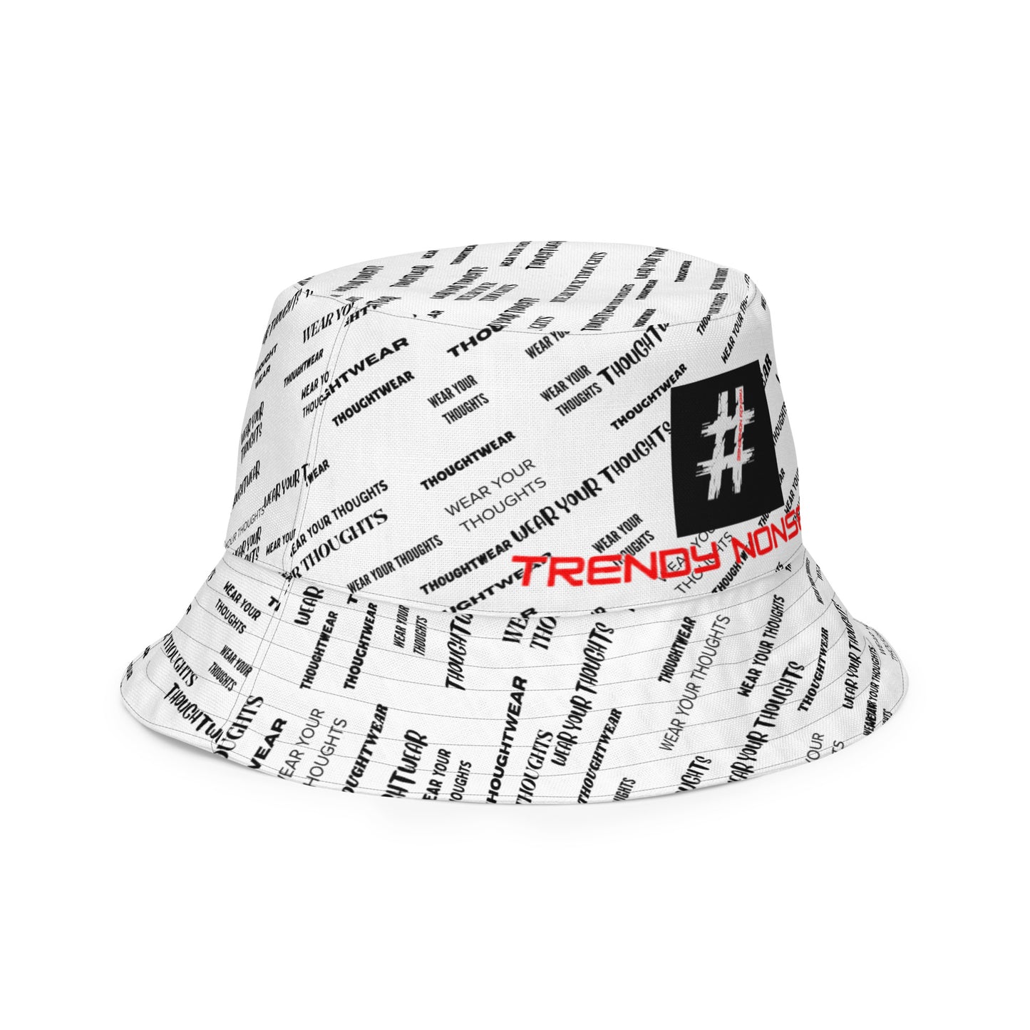 Reversible black and white bucket hat with Trendy Nonsense design — minimalist streetwear symbol of awareness, adaptability, and intent.