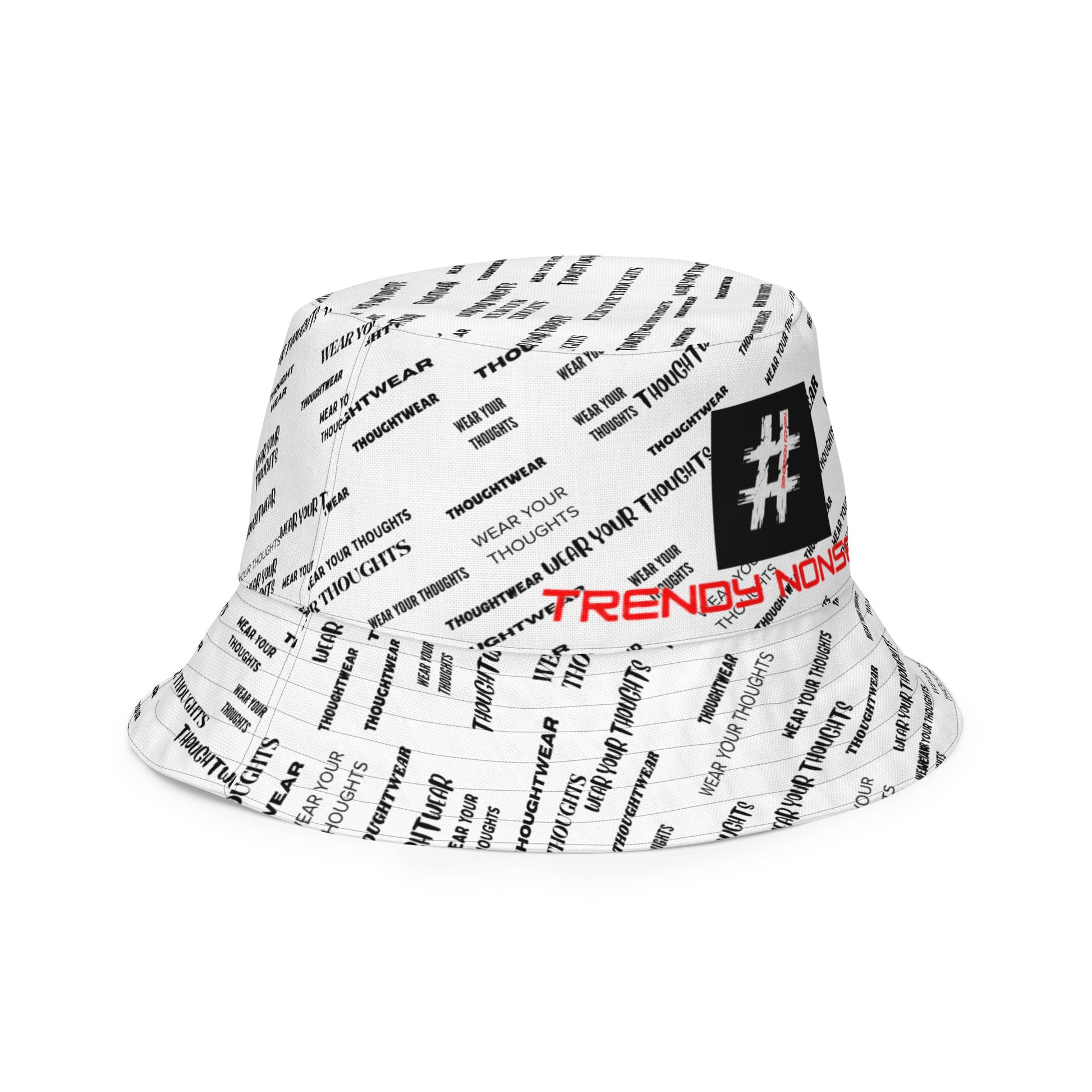 Reversible black and white bucket hat with Trendy Nonsense design — minimalist streetwear symbol of awareness, adaptability, and intent.