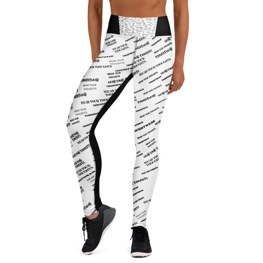 A woman wearing Black and white all-over print leggings — women’s activewear expressing confidence, comfort, and strength built from mindset.