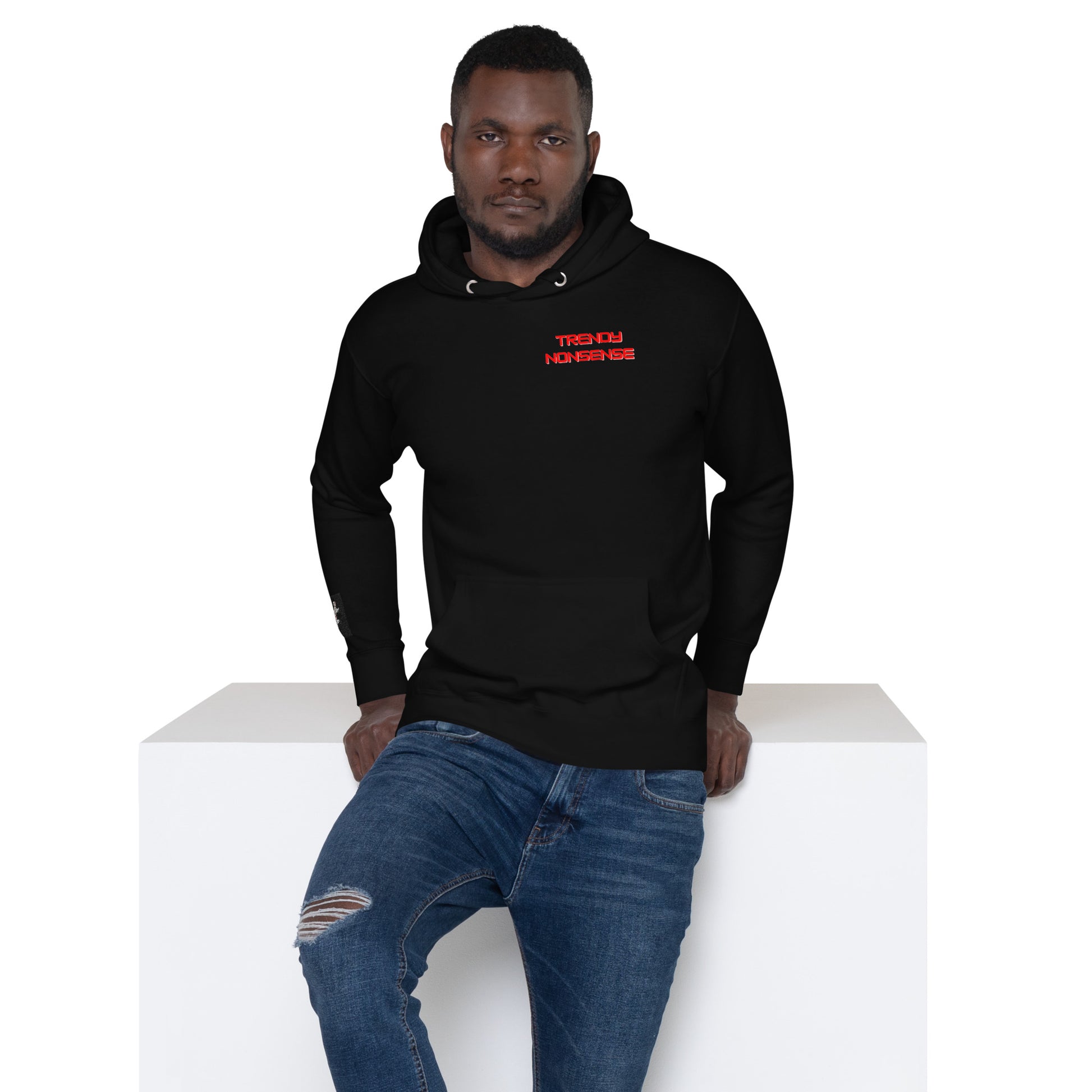 A man wearing a Don’t Live for Likes slogan hoodie, black front view