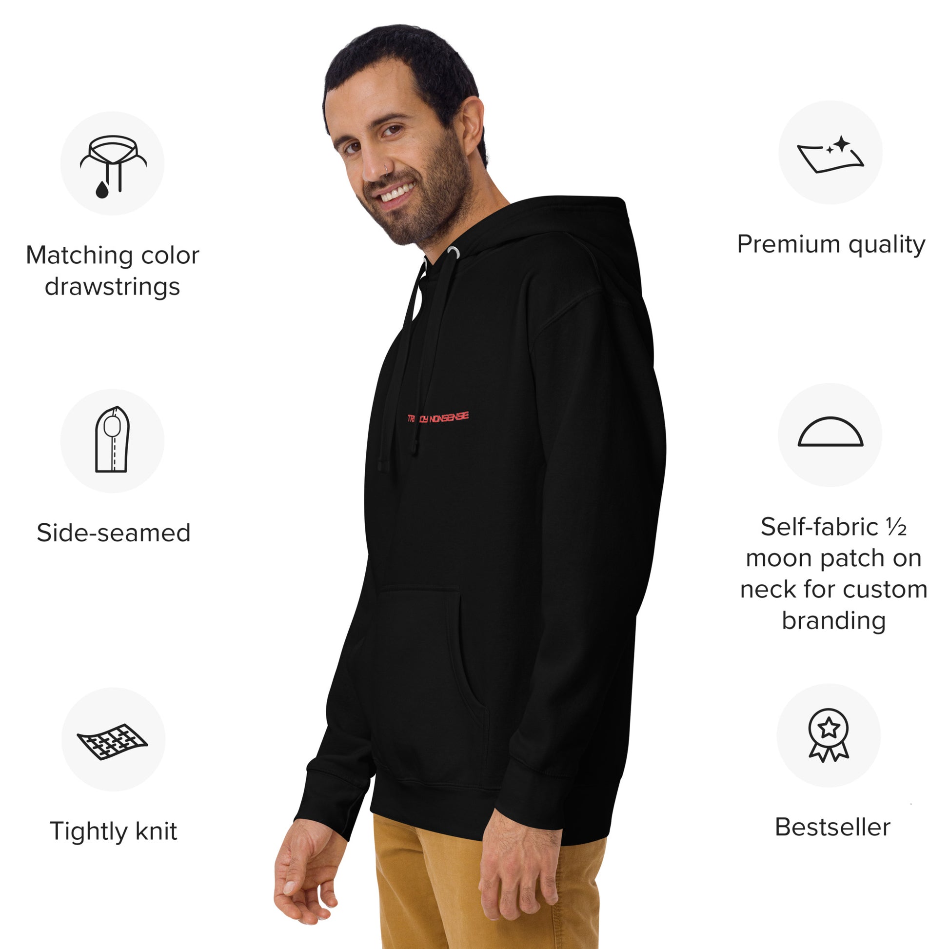 Man wearing a black Unisex ‘Don’t Live for Likes’ premium hoodie — bold anti-validation design reminding wearers that worth isn’t measured in hearts or followers.