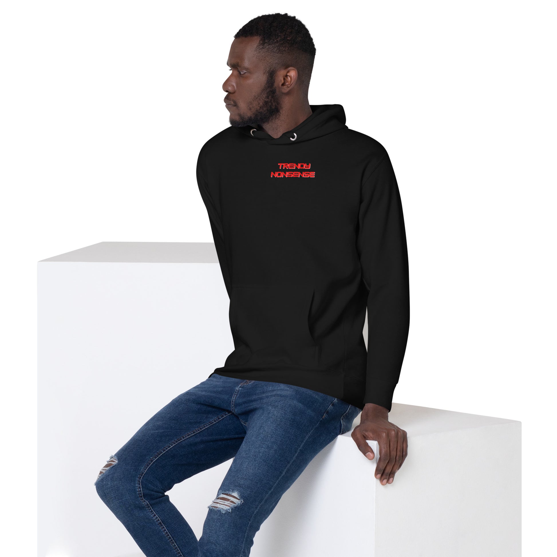 A man wearing a Don’t Live for Likes slogan hoodie, black front view