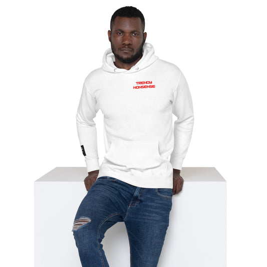 A man wearing a white Unisex cotton-face fleece hoodie with message print