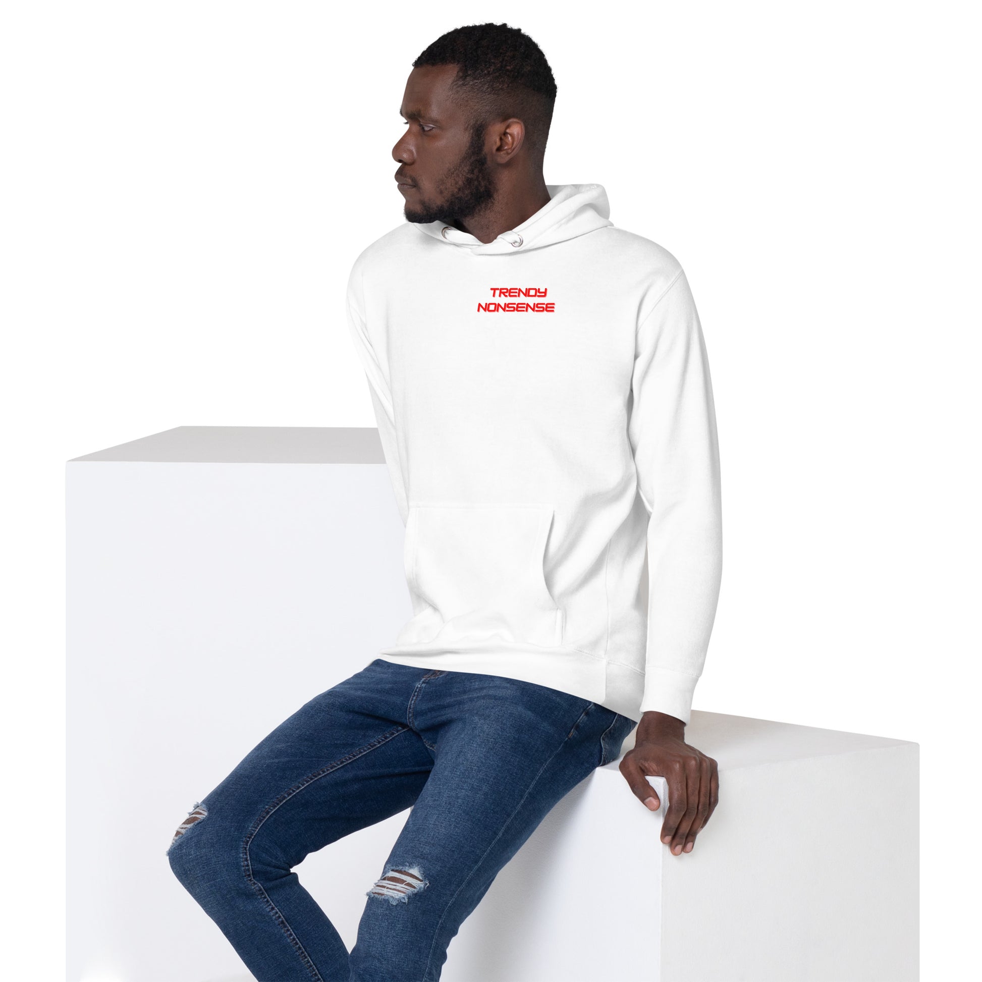  A man wearing a Don’t Live for Likes slogan hoodie, white front view