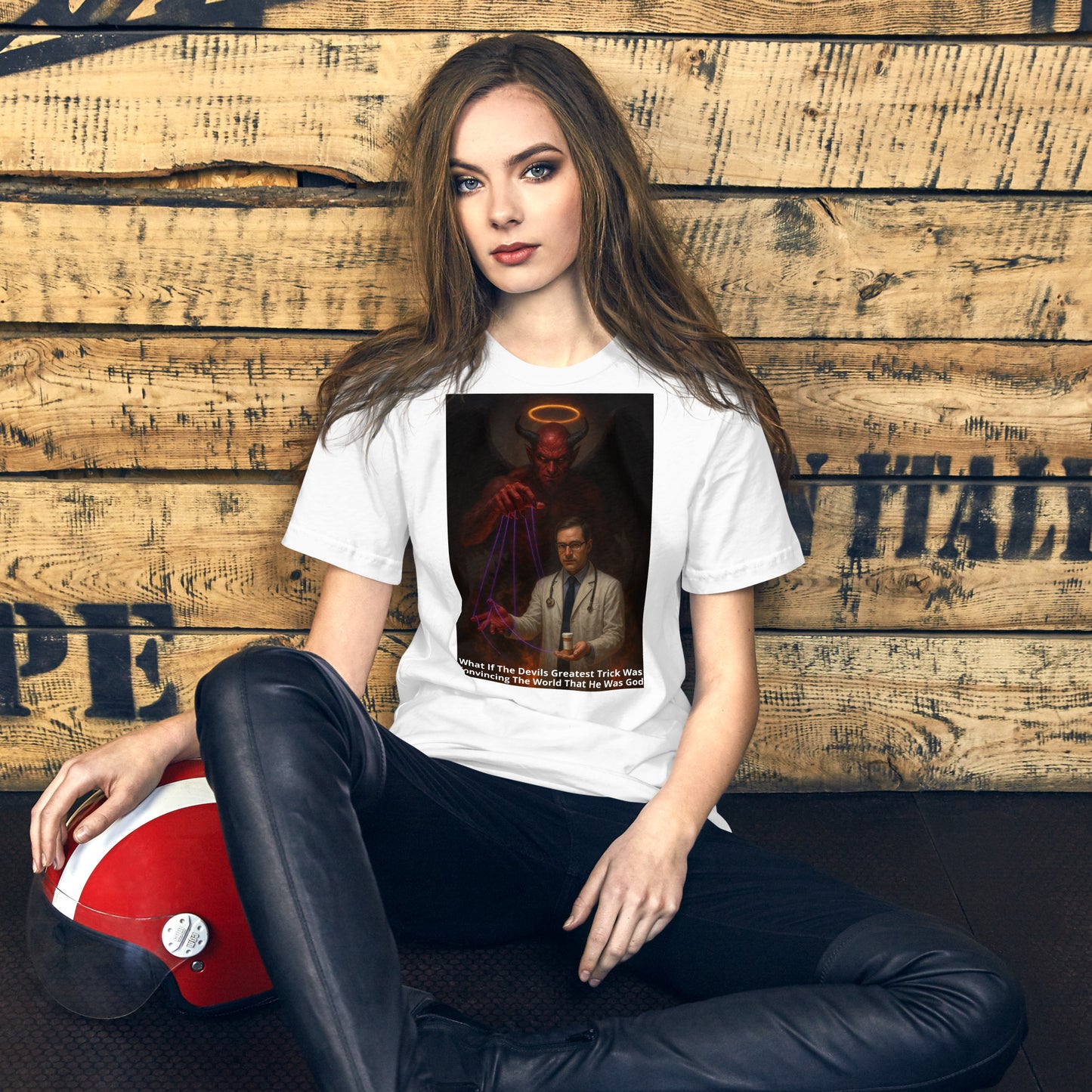 A woman wearing a white Unisex The Lie We Worship graphic tee — provocative design of devil controlling doctor puppet, confronting blind faith and false narratives.