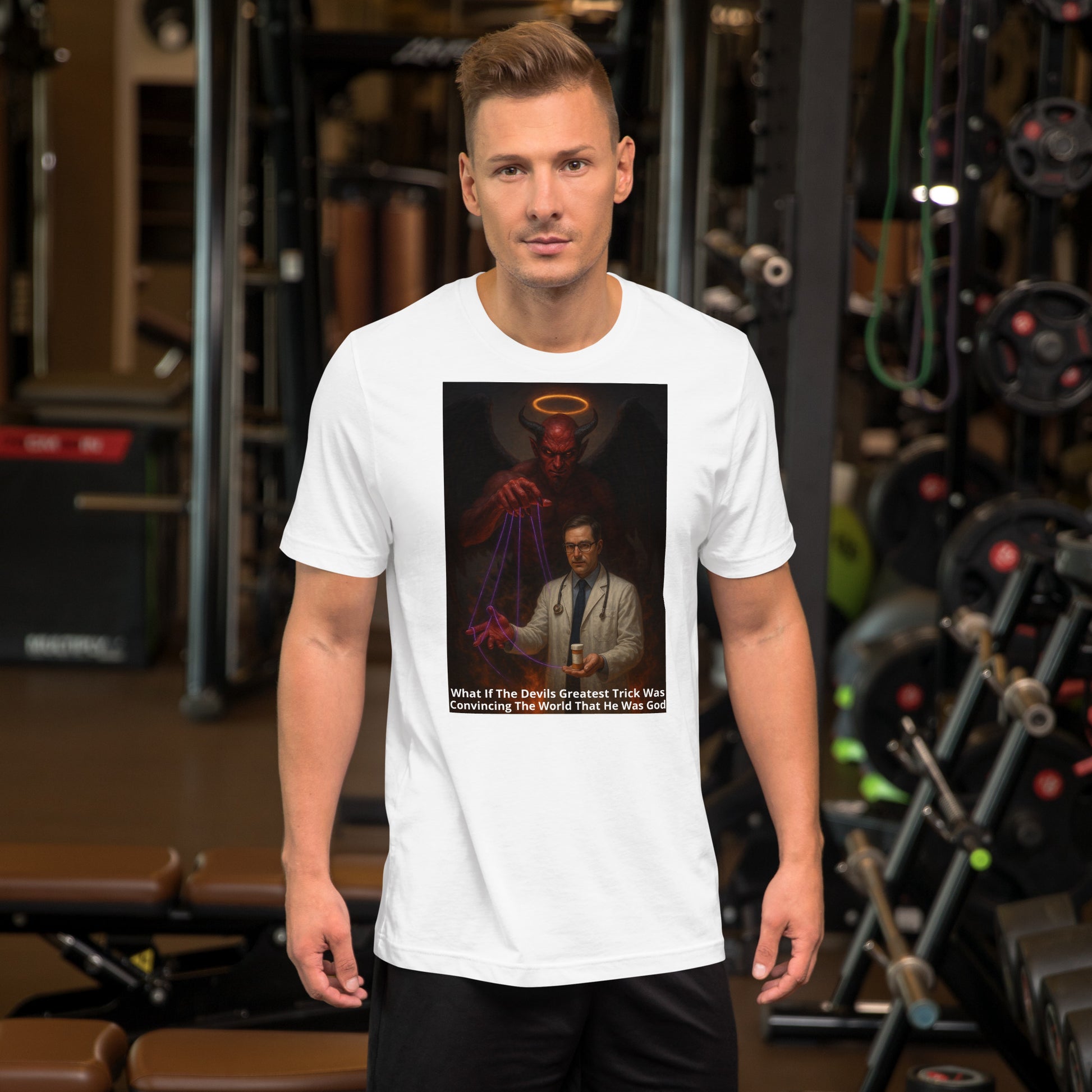 A Man wearing a white Unisex The Lie We Worship graphic tee — provocative design of devil controlling doctor puppet, confronting blind faith and false narratives.