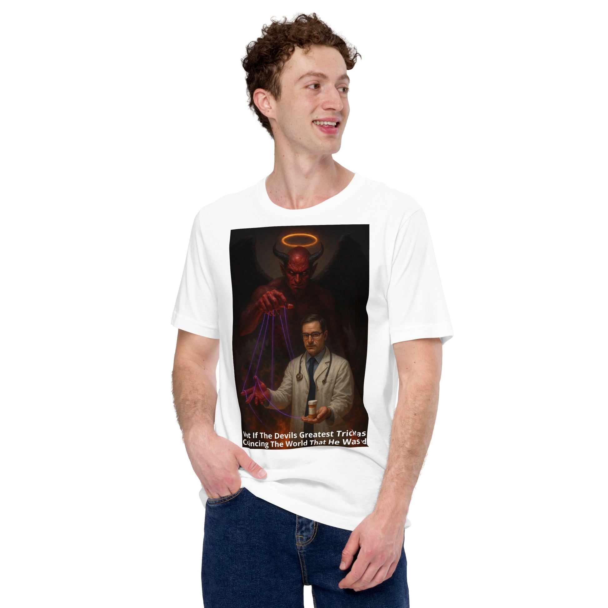 A man wearing a white Unisex The Lie We Worship graphic tee — provocative design of devil controlling doctor puppet, confronting blind faith and false narratives.