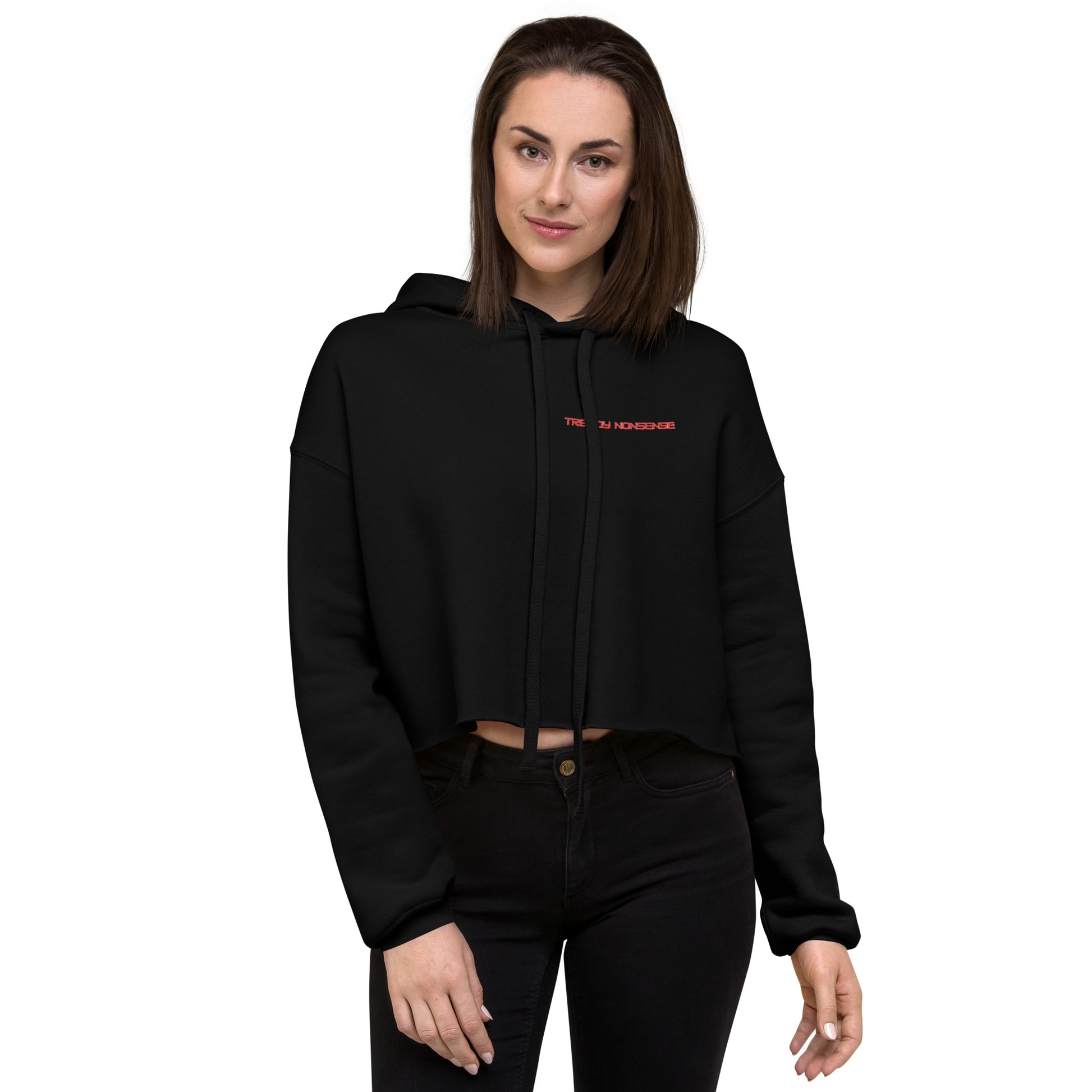 Women’s cropped hoodie with Don’t Live for Likes slogan, black front view