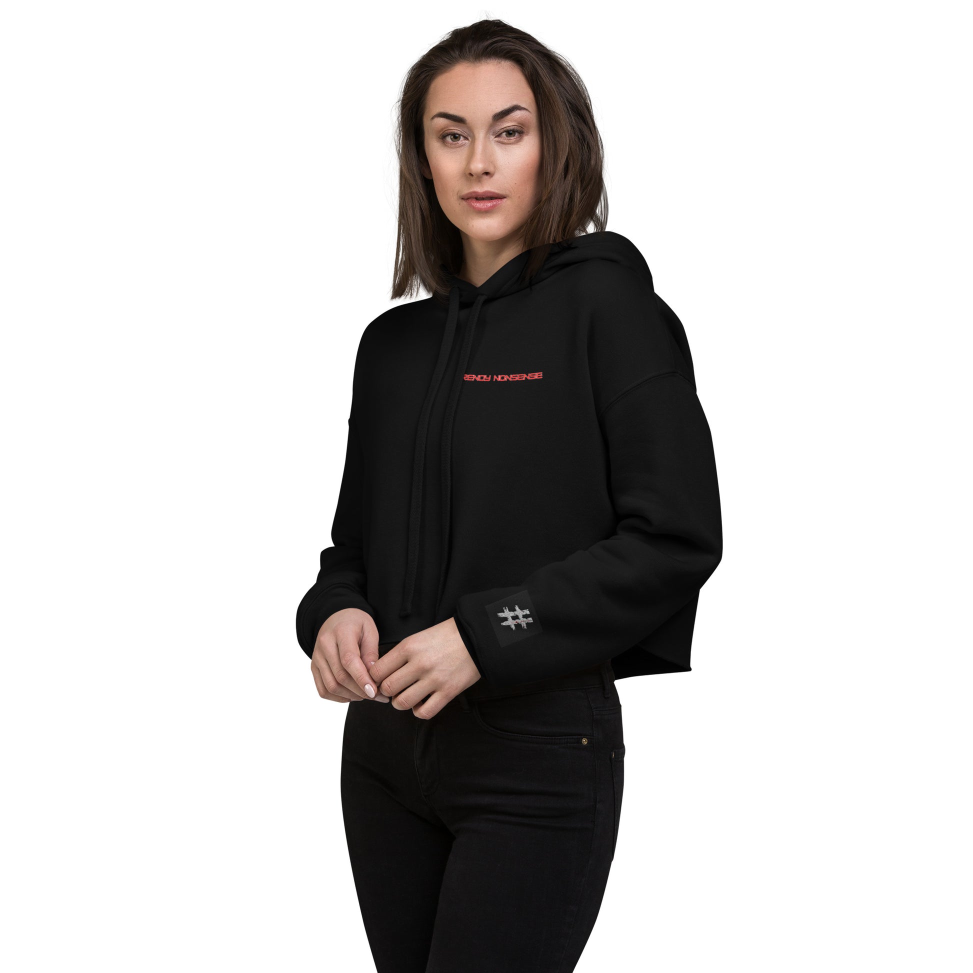 Women’s cropped hoodie with Don’t Live for Likes slogan, black front view