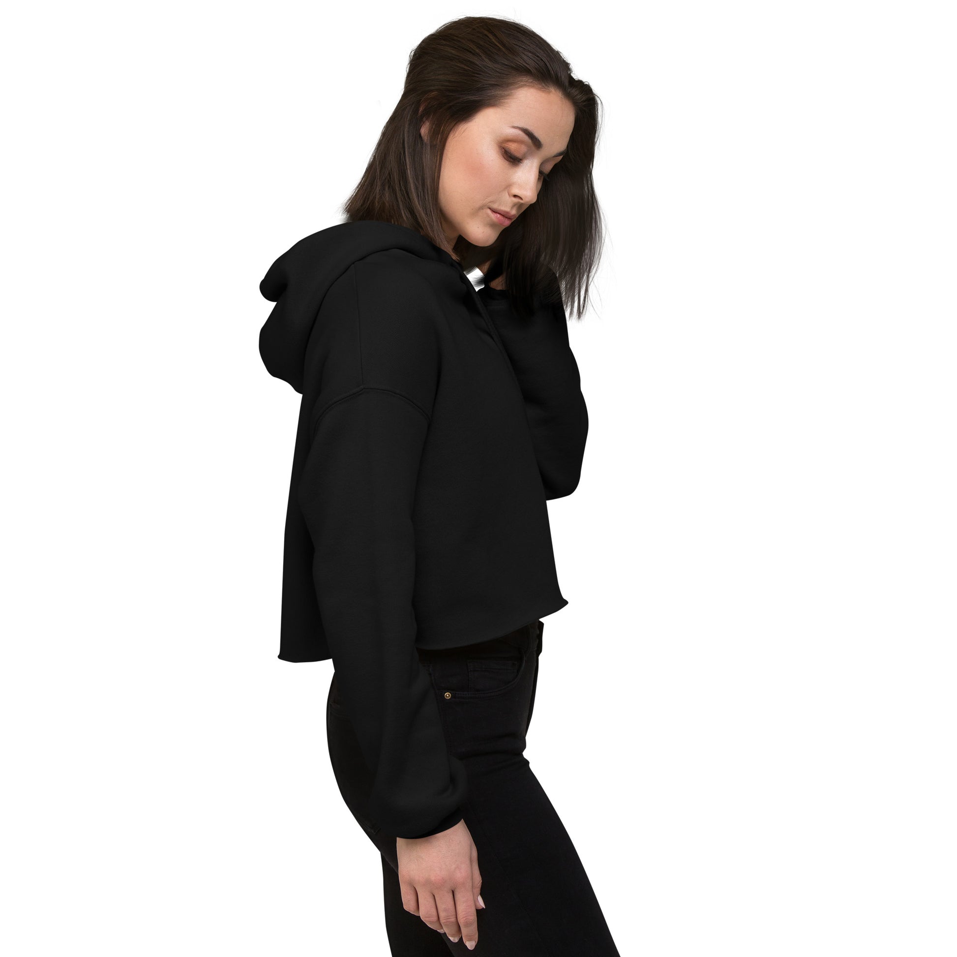 Women’s cropped hoodie with Don’t Live for Likes slogan, black side view